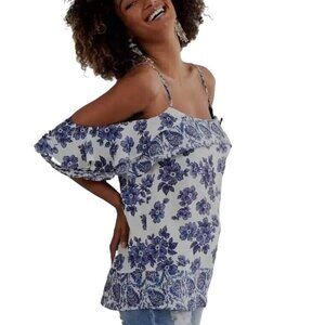 Daytrip Cold Shoulder Top Size Large Blue Ivory Floral Gauze Rayon Blouse